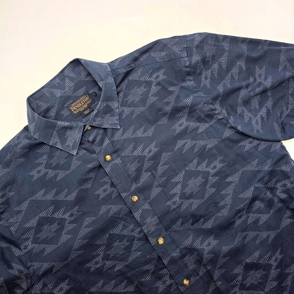 Pendleton Mens Navy Blue Geometric Southwestern Cotton Short Sleeve Shirt Large